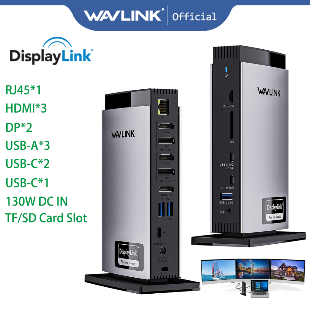 WAVLINK Universal DisplayLink Docking Station, 4K+Dual 2K USB C USB 3.0 Laptop Dock 15 In 1 with 3 HDMI, 2 DP, RJ45, Audio/Mic, SD/TF, 5 พอร์ต USB
