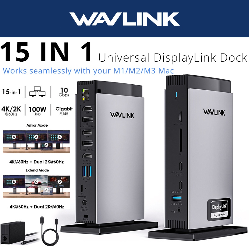 WAVLINK 15 In 1 DisplayLink Docking Station 4K+Dual 2K HDMI/DP Adapter พร้อม RJ45, Audio/Mic, SD/TF,
