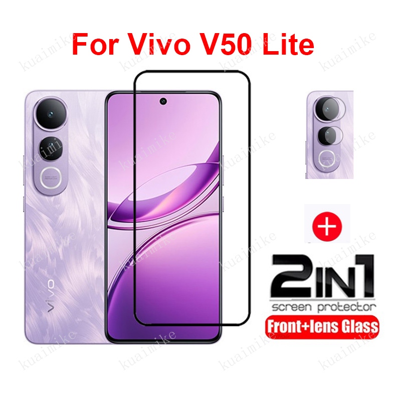 Vivo V50 Lite กระจกนิรภัยคลุมทั้งหมดฟิล์มสําหรับ Vivo Y28 Y29 4G Y04 Y03 Y01 Y03T Y02T Y19s Y200 Y100 V50 V40 Lite Pro 2 ใน 1 เลนส์กล้องกระจกป้องกันหน้าจอฟิล์มแก้ว