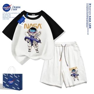 NASA ชุดเสื้อยืดแขนสั้นและกางเกงขาสั้นผ้าฝ้ายสีดำเด็ก ลายอวกาศสุดเท่แบบใหม่ปี 2025 สำหรับเด็กชายและเด็กหญิง ชุดแฟชั่นสบายๆ