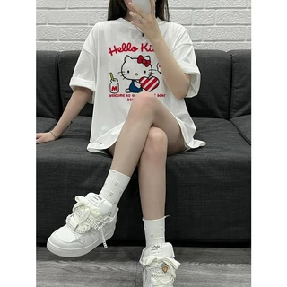 【จัดส่งตลอด 24 ชั่วโมง】🔥เสื้อยืดผู้หญิงพิมพ์ลายแมวกับหัวใจสุดน่ารัก💖🐱คอกลม ผ้าคอตตอน ขนาดโอเวอร์ไซส์ YG585