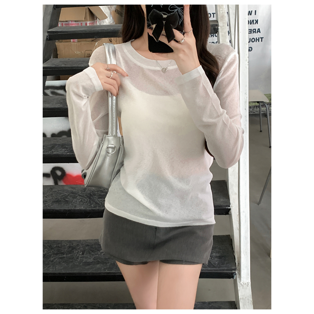 87267 เสื้อยืดแขนยาวบางหลวมสีทึบเข้ากันทั้งหมด ราคา ถูกที่สุด ดีลบีเคเค แกลเลอรีภาพที่ 8