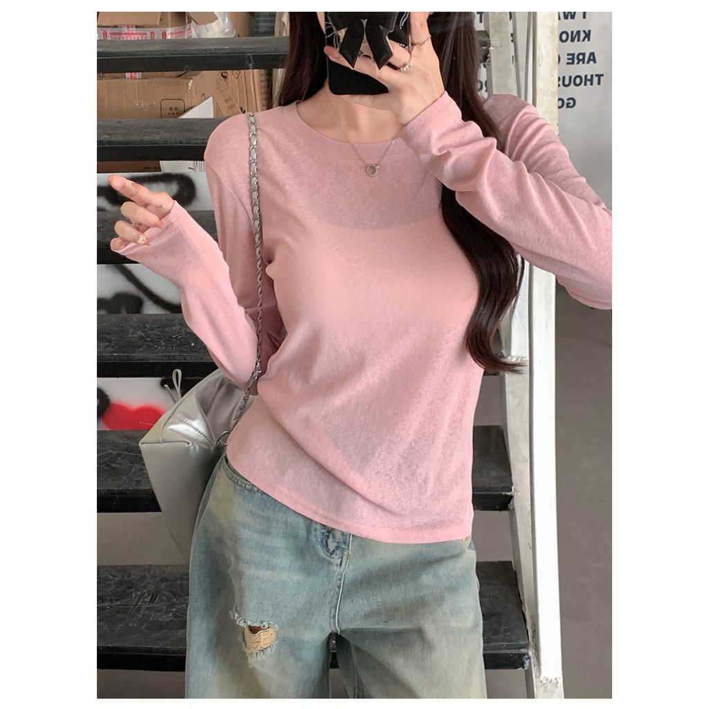 87267 เสื้อยืดแขนยาวบางหลวมสีทึบเข้ากันทั้งหมด ราคา ถูกที่สุด ดีลบีเคเค แกลเลอรีภาพที่ 9