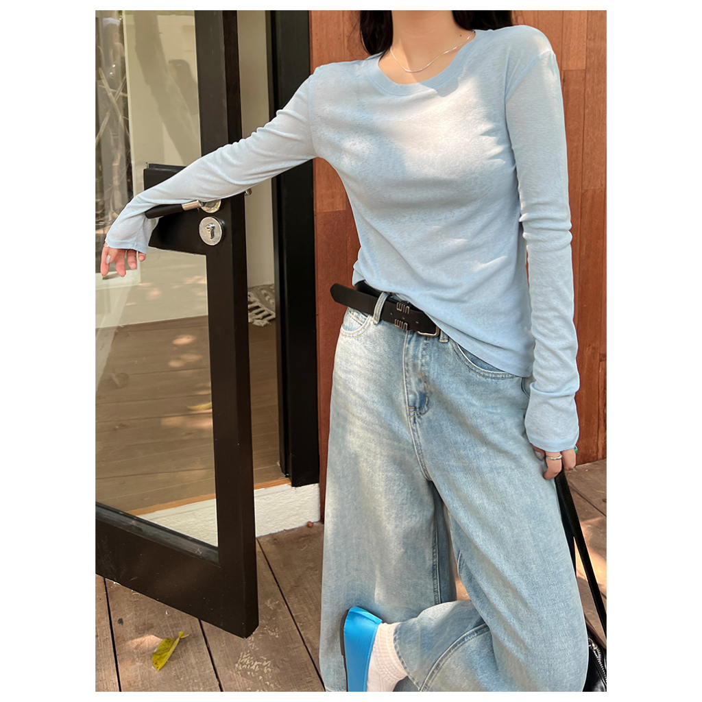 87267 เสื้อยืดแขนยาวบางหลวมสีทึบเข้ากันทั้งหมด ราคา ถูกที่สุด ดีลบีเคเค แกลเลอรีภาพที่ 7