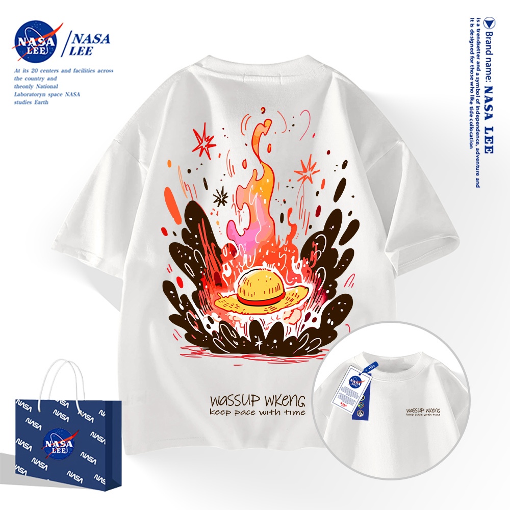 NASAเสื้อยืดลายหมวกฟางไฟ คอลแลบผ้าฝ้าย 2025 แขนสั้นสตรีทเวียร์