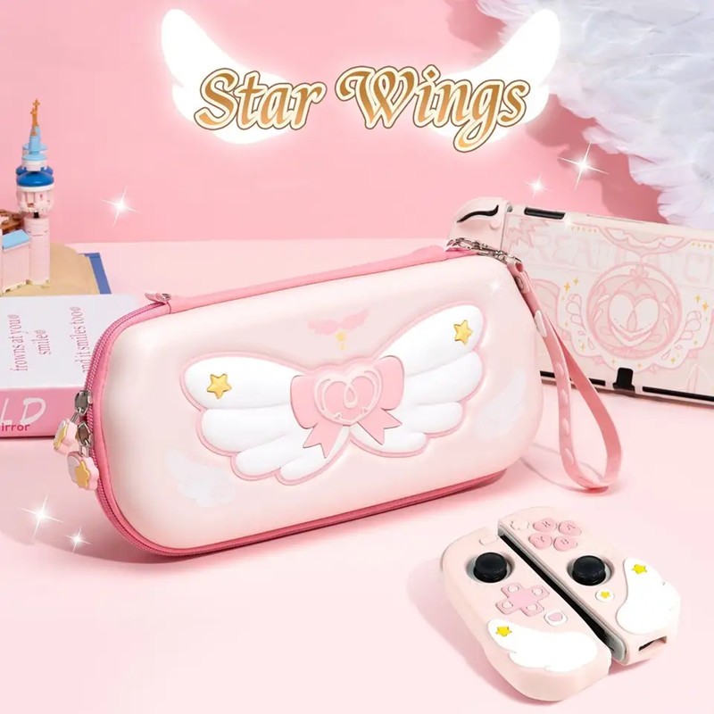 กระเป๋าพกพา GeekShare เข้ากันได้กับ Nintendo Switch/OLED,Hardshell Slim Travel กระเป๋าสีชมพูสําหรับอุปกรณ์เสริม NS Star Wings