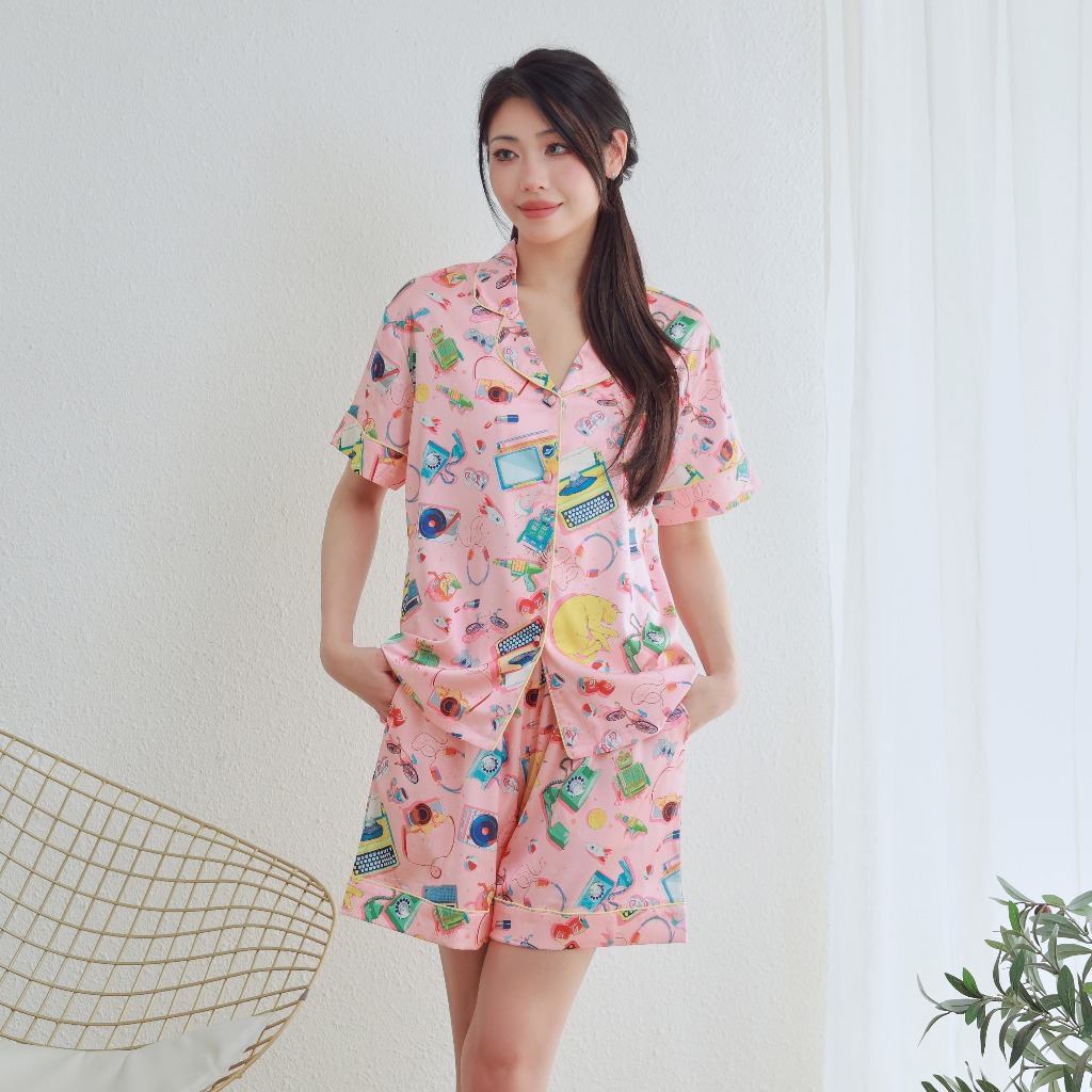 ชุดนอนสตรีพิมพ์ลายการ์ตูนหรูหราเบาๆ,ชุด Loungewear ของผู้หญิงผ้าไหมน้ําแข็งชุดสูทกางเกงขาสั้นแขนสั้นระดับไฮเอนด์ Loun