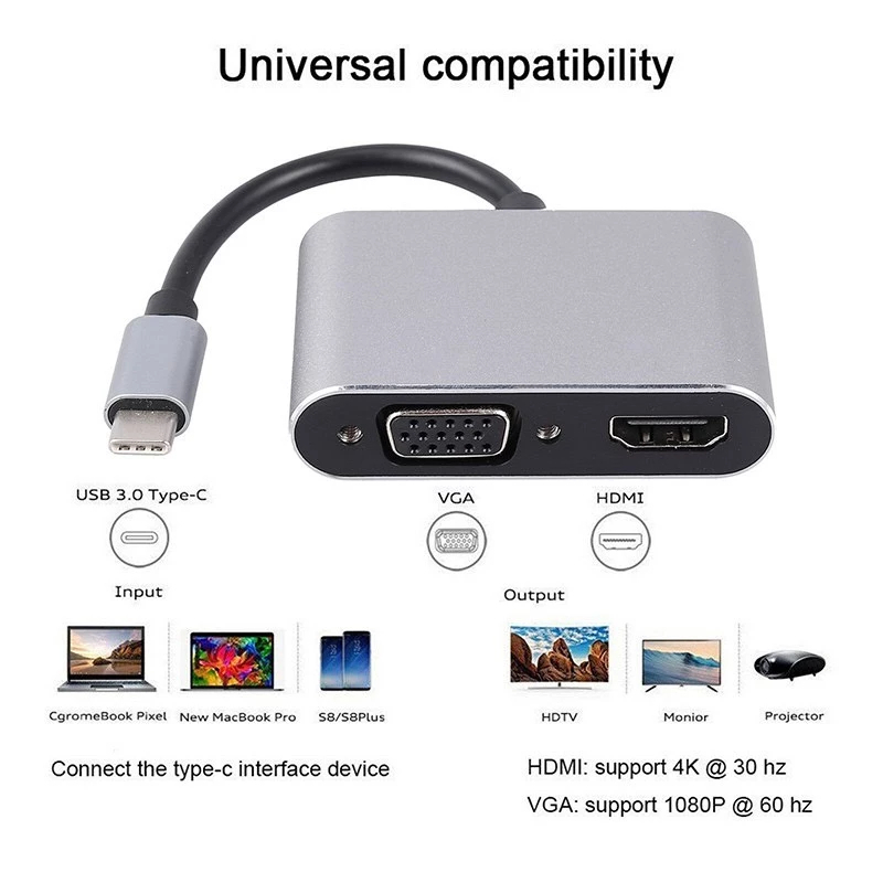 USB C to HDMI VGA Adapter 4in1 Type-c to HDMI 4K for MacBook Pro HP Envy 13 Dell XPS13/15 Lenovo miix510