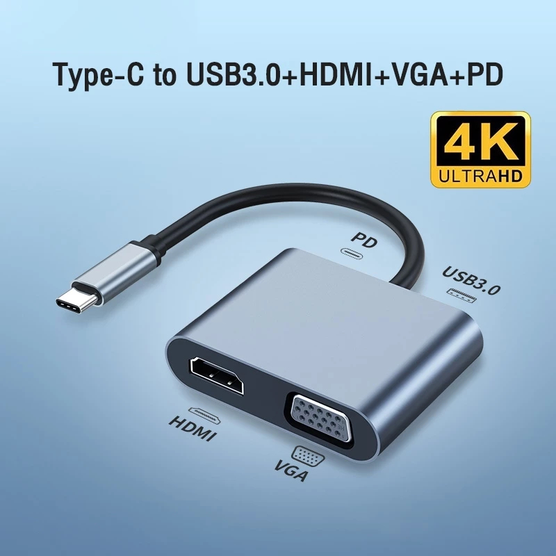 USB C to HDMI VGA Adapter 4in1 Type-c to HDMI 4K for MacBook Pro HP Envy 13 Dell XPS13/15 Lenovo miix510