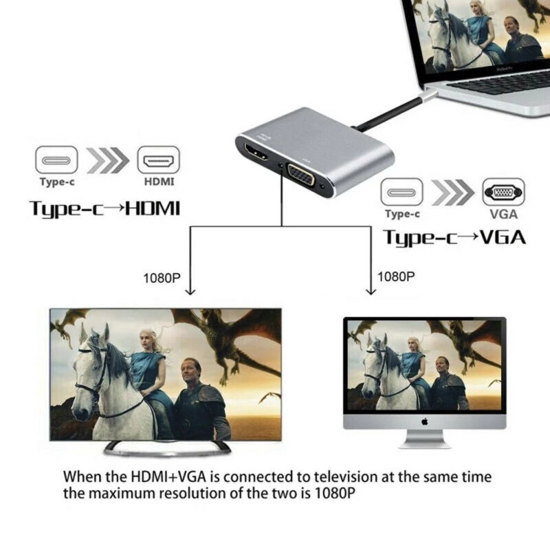 USB C to HDMI VGA Adapter 4in1 Type-c to HDMI 4K for MacBook Pro HP Envy 13 Dell XPS13/15 Lenovo miix510