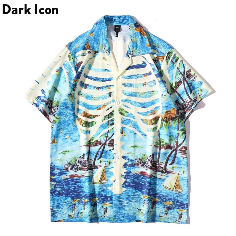 Dark Icon Bones Light Weight เสื้อฮาวายผู้ชายฤดูร้อนเสื้อโปโลเสื้อเชิ้ตผู้ชายวินเทจ