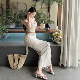 (shipped from Thailand) Wania Temperament Metal Decorative Hatler Top และชุดกระโปรงเอวสูง