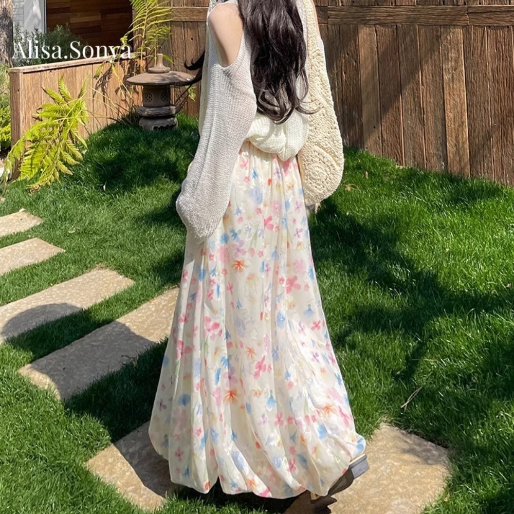 Alisa.Sonya กระโปรงยาว เอวสูง ทรงเอ ผ้าตาข่ายพิมพ์ลายดอกไม้ สำหรับผู้หญิง 24AS1257