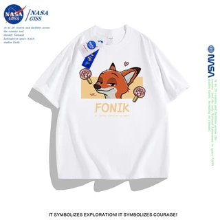 NASA เสื้อยืดแขนสั้น หญิงชาย แนวสตรีท เสื้อ summer พิมพ์ลายกระต่ายและจิ้งจอก ผ้าฝ้ายแท้ เสื้อยืดคอกลม ทรงหลวม ระบายอากาศ