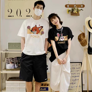 NASA เสื้อยืดแขนสั้น หญิงชาย แนวสตรีท เสื้อ summer พิมพ์ลายกระต่ายและจิ้งจอก ผ้าฝ้ายแท้ เสื้อยืดคอกลม ทรงหลวม ระบายอากาศ