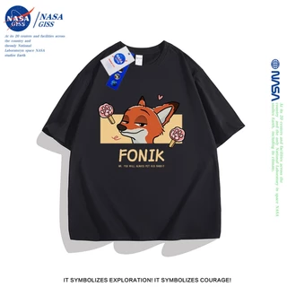 NASA เสื้อยืดแขนสั้น หญิงชาย แนวสตรีท เสื้อ summer พิมพ์ลายกระต่ายและจิ้งจอก ผ้าฝ้ายแท้ เสื้อยืดคอกลม ทรงหลวม ระบายอากาศ