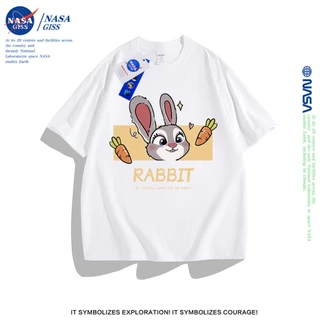 NASA เสื้อยืดแขนสั้น หญิงชาย แนวสตรีท เสื้อ summer พิมพ์ลายกระต่ายและจิ้งจอก ผ้าฝ้ายแท้ เสื้อยืดคอกลม ทรงหลวม ระบายอากาศ