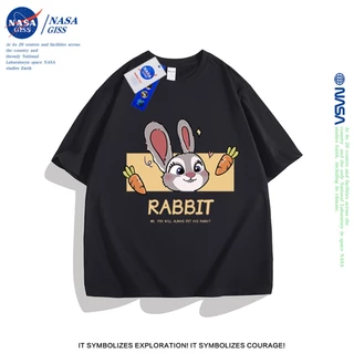 NASA เสื้อยืดแขนสั้น หญิงชาย แนวสตรีท เสื้อ summer พิมพ์ลายกระต่ายและจิ้งจอก ผ้าฝ้ายแท้ เสื้อยืดคอกลม ทรงหลวม ระบายอากาศ