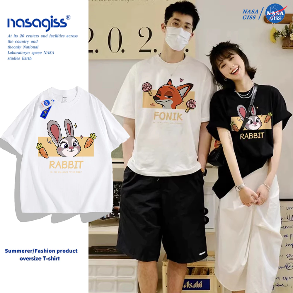 NASA เสื้อยืดแขนสั้น หญิงชาย แนวสตรีท เสื้อ summer พิมพ์ลายกระต่ายและจิ้งจอก ผ้าฝ้ายแท้ เสื้อยืดคอกลม ทรงหลวม ระบายอากาศ