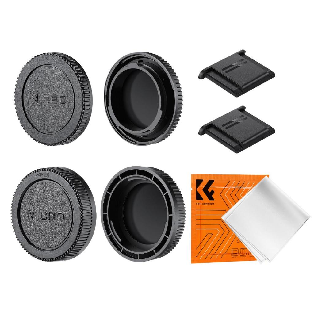 K&F Concept Olympus M4/3 Mount Body Cap*2+Lens ฝาครอบด้านหลัง*2+หมวกรองเท้าร้อน*2+ผ้าทําความสะอาด*1 