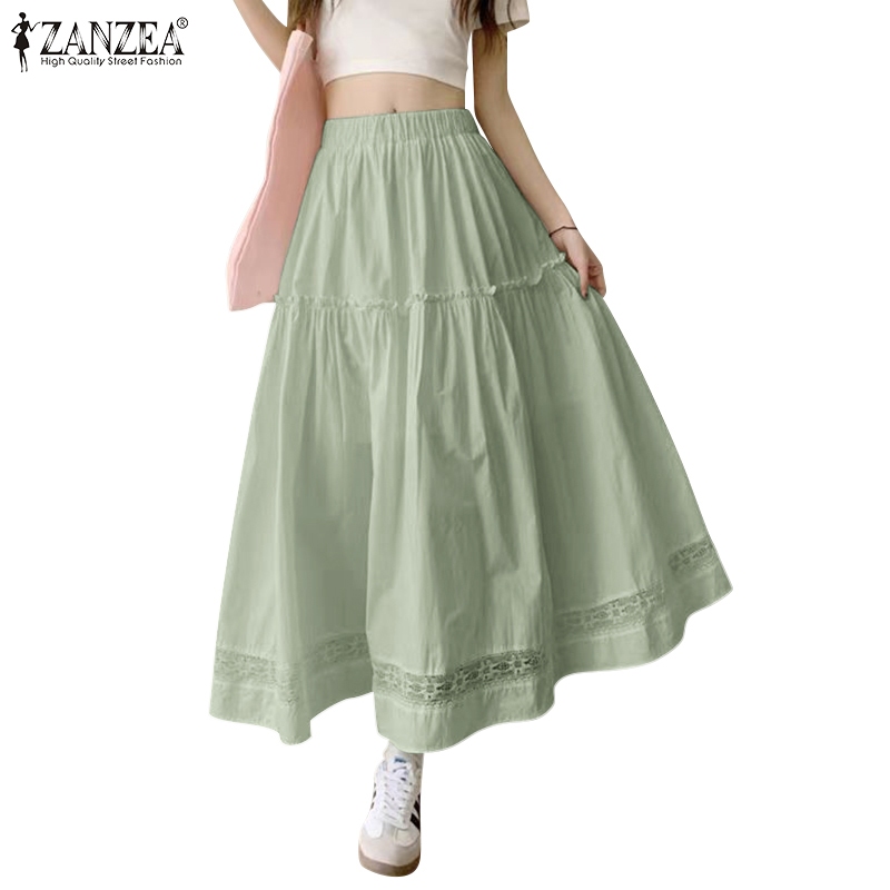 Zanzea กระโปรง A-Line แฟชั่นเกาหลีผู้หญิงคอกลมเอวกลาง Layered Ruffle