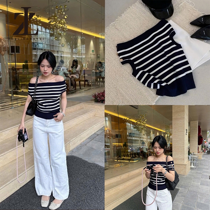 ZHELIHANGFEI  ลายถักเสื้อกั๊กผู้หญิงปุ่มโลหะตกแต่งคอแบนเสื้อกั๊กสั้น