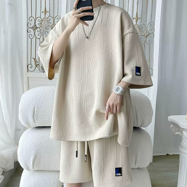 TIANLESIWEI ฤดูร้อนแขนสั้นชุดผู้ชายหลวมสบายๆกีฬาเยาวชนวาฟเฟิล Jacquard Top และกางเกงขาสั้น