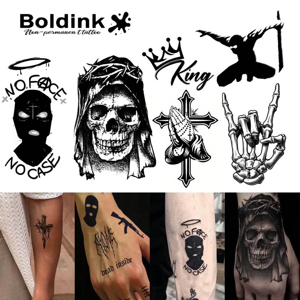 Boldink Cool Skull & Cross สติ๊กเกอร์รอยสักชั่วคราว กันน้ํา 15 วัน รอยสักกึ่งถาวร ชุดสติ๊กเกอร์รอยสักเมจิกสําหรับผู้ชาย