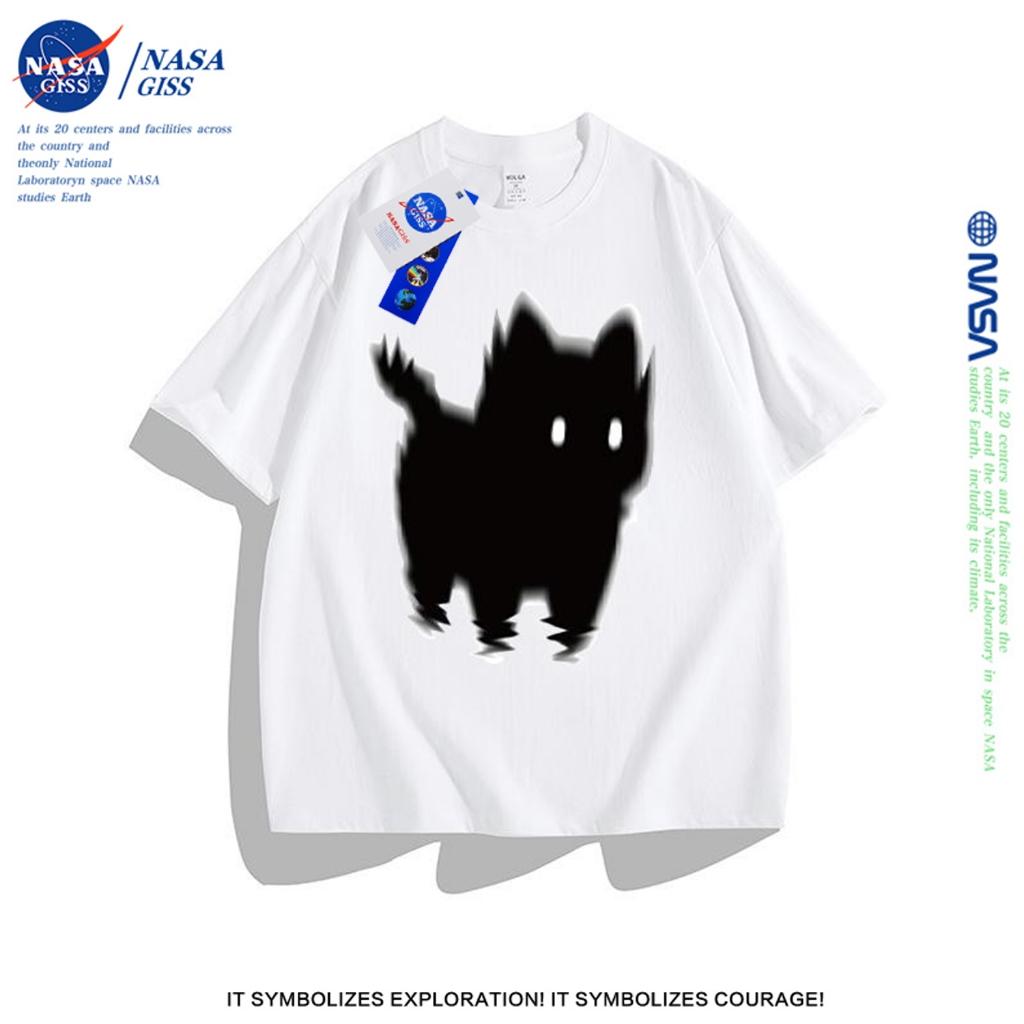NASA เสื้อยืดชายหญิงแขนสั้น สตรีท summer แมวสุดเท่ เสื้อยืดพิมพ์ลาย คอตตอน คอกลม หลวมและระบายอากาศ