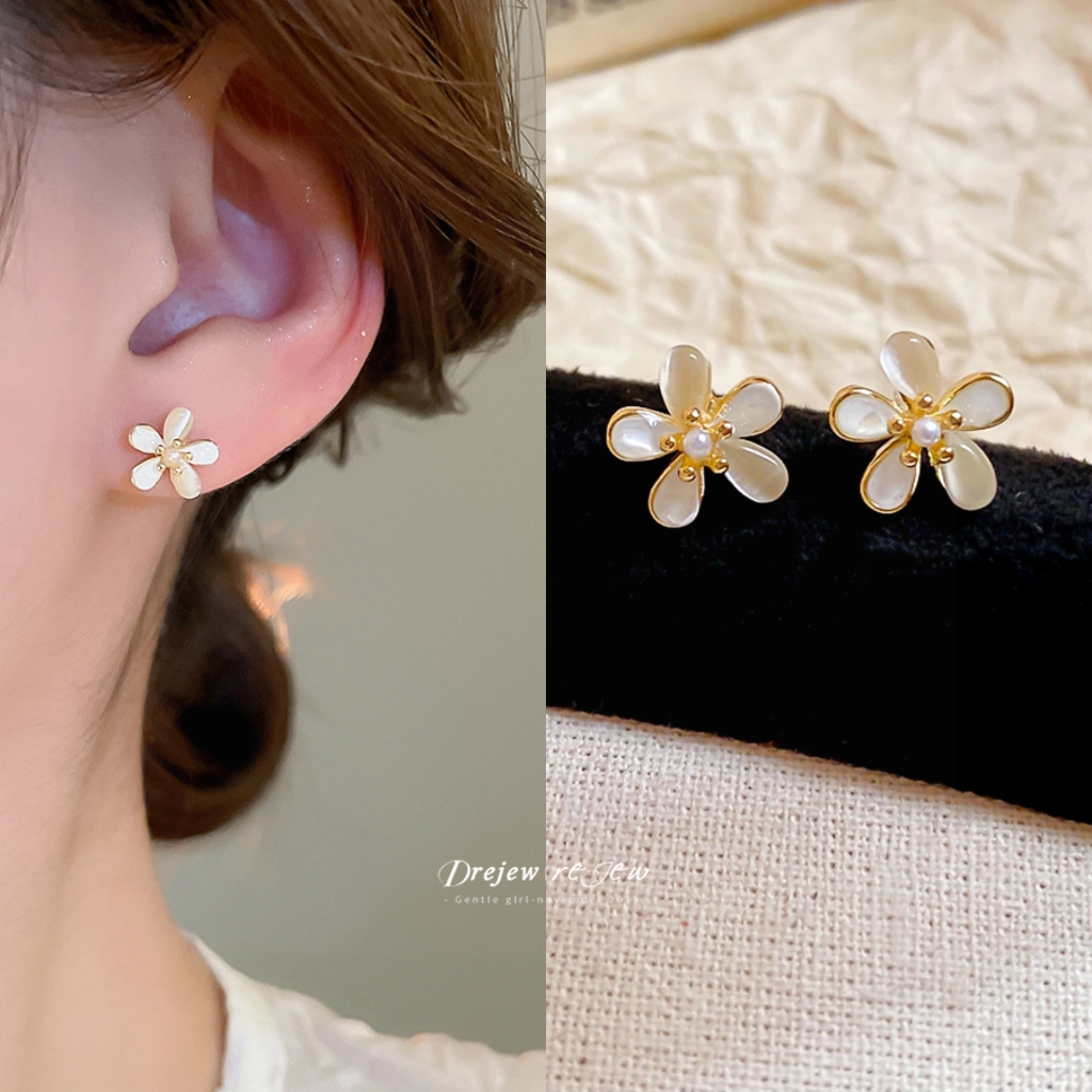 เดรช 925เข็มเงินดอกไม้มุกแมวตาหินต่างหูขนาดเล็กประณีตแฟชั่นต่างหูแสงหรูหราระดับไฮเอนด์ต่างหูอารมณ์