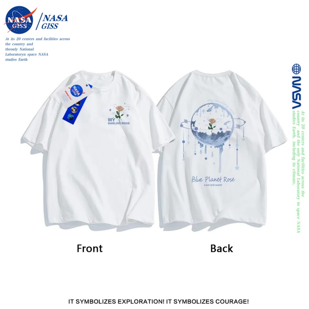 NASA เสื้อ ผู้ชายผู้หญิง เสื้อเกาหลีเสื้อ summer ผ้าฝ้ายแท้ พิมพ์ลายลายสองด้าน คอกลม ใส่สบายนุ่มสบาย