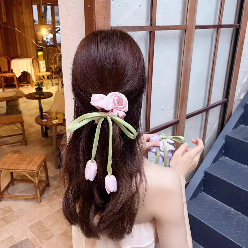 เดี่ยวเกาหลีฤดูใบไม้ผลิและฤดูร้อนใหม่หวานเยาวชนดอกทิวลิปวิจิตรแววลําไส้ใหญ่ผมแหวนทุกวันออกนอกบ้านหัวเชือกผมหางม้าโบว์อุปกรณ์ผมผ