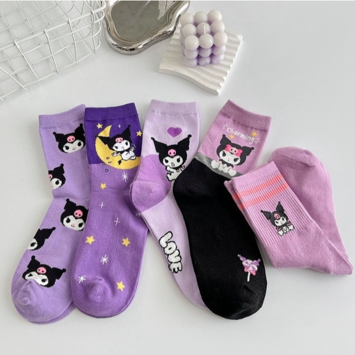 SANRIO 1คู่ ซานริโอ ถุงเท้าสีม่วงแฟชั่นน่ารักถุงเท้าลําลองสําหรับผู้หญิงถุงเท้าผ้าฝ้าย
