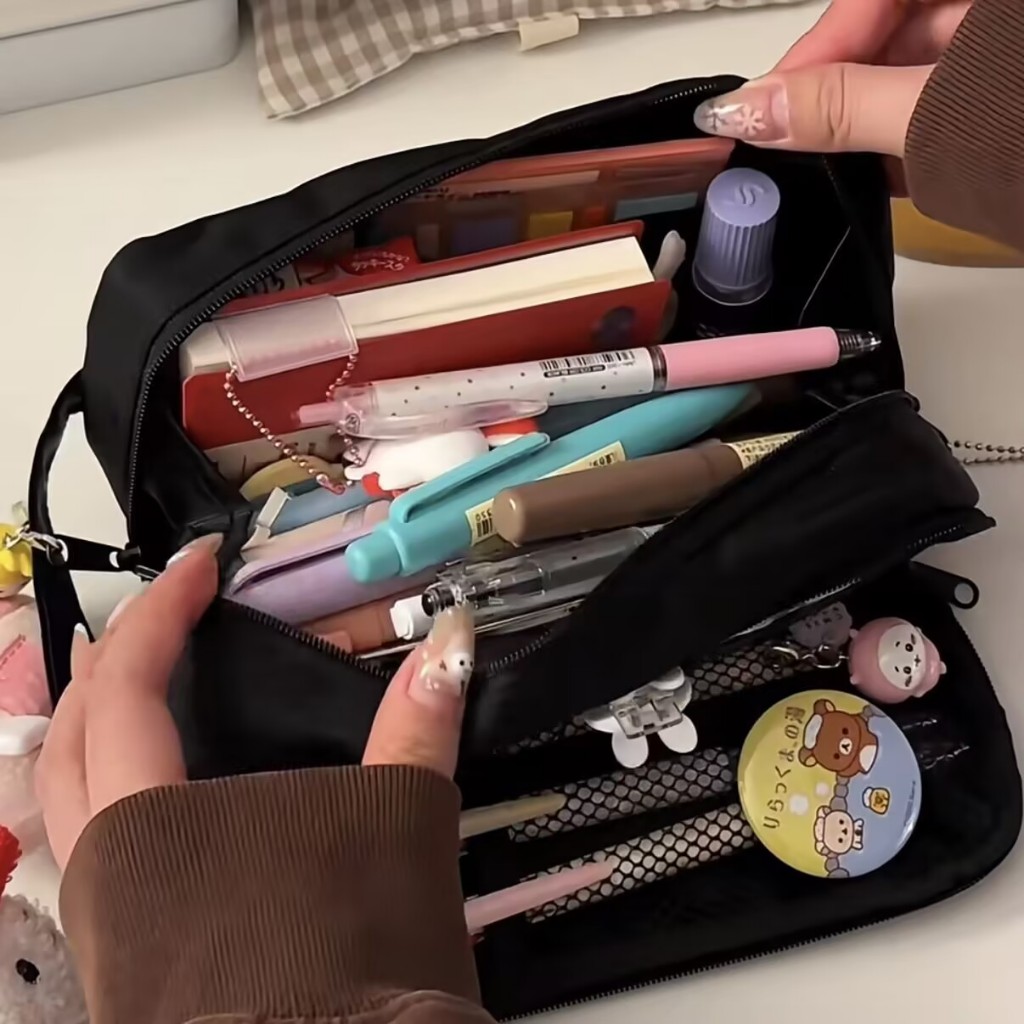 OHAYA | กล่องดินสอแบบพกพาสีดํากระเป๋าเครื่องเขียนกระเป๋าเครื่องสําอางความจุขนาดใหญ่