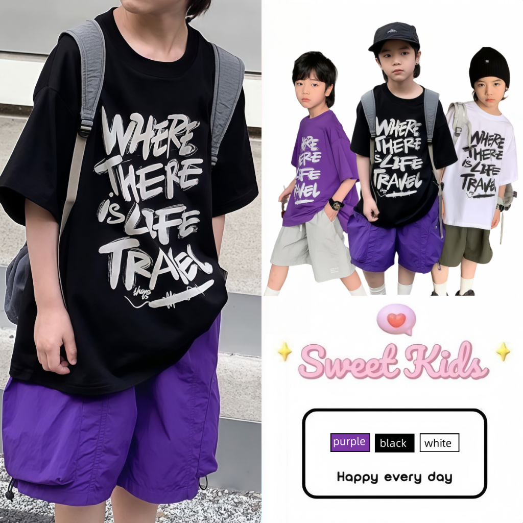 SweetKids พร้อมส่งจากกทม🌸แขนสั้นเด็ก🍓เสื้อยืดฤดูร้อนใหม่สําหรับเด็กผู้ชาย พิมพ์ลายโมโนแกรม หลวมและมีสไตล์