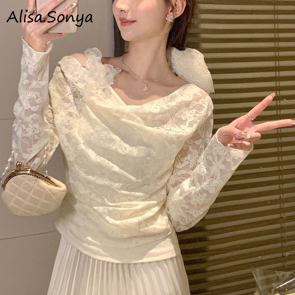 CL|Alisa.Sonya เสื้อครอป ลูกไม้ ชีฟอง เอวระบาย ผ้าบาง ใส่สบาย สไตล์หวาน 24AS1261