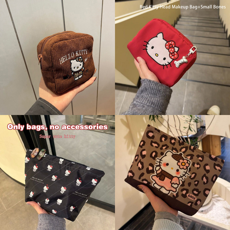 Annapink.th ใหม่ Hello Kitty กระเป๋าถือการ์ตูนปัก Corduroy กระเป๋าเหรียญน่ารักแบบพกพาขนาดใหญ่ความจุแต่งหน้ากระเป๋า EN