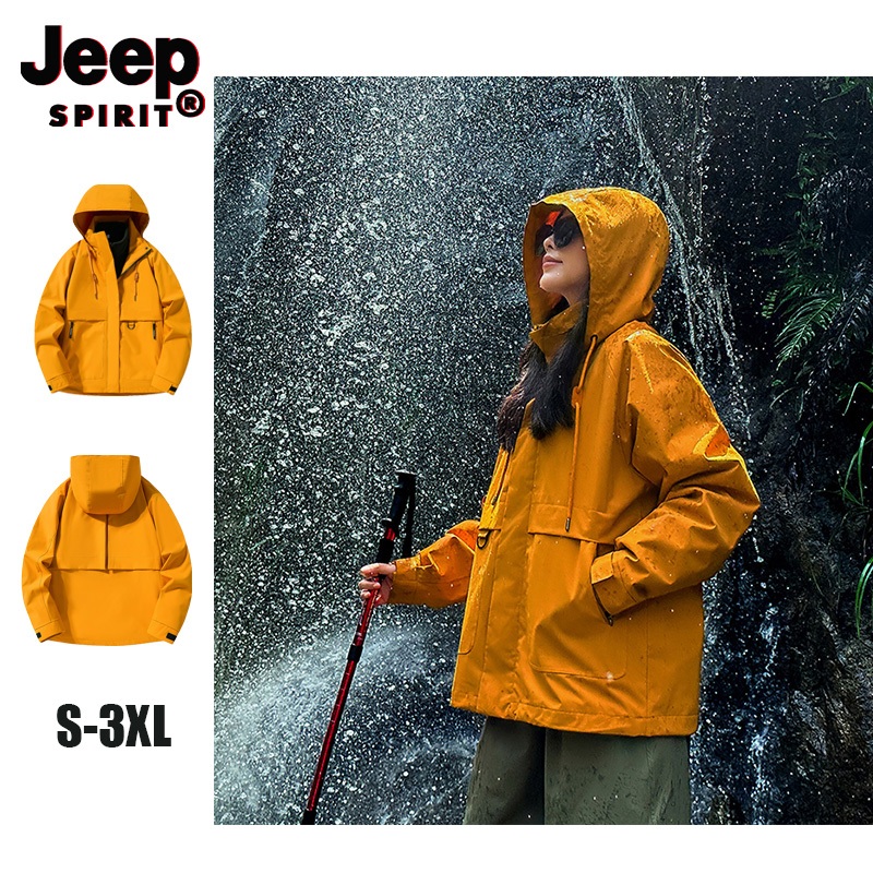 JEEP SPIRIT คู่กลางแจ้งสีทึบทนต่อการสึกหรอ, กันน้ํา, เสื้อแจ็คเก็ตมัลติฟังก์ชั่นกันลม เสื้อแจ็คเก็ตมีฮู้ดเดินป่า