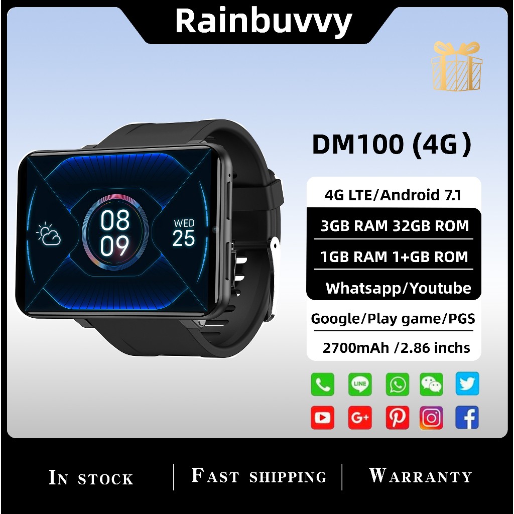 Rainbuvvy DM100 4G LTE สมาร์ทนาฬิกา Android 7.1 3GB RAM 32GB ROM หน่วยความจําขนาดใหญ่ 5MP กล้อง IPS 