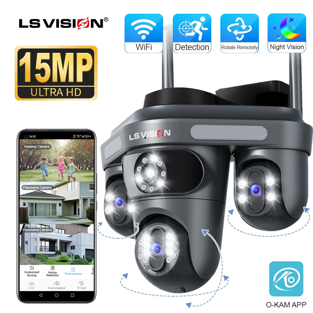 LS VISION 15MP กล้องวงจรปิด PTZ 3 เลนส์ 360°  WiFi รักษาความปลอดภัย 2025 NEW การติดตามอัตโนมัติ กันน้ํา IP66​​ การมองเห็นได้ในเวลากลางคืนแบบคู่, บันทึกแอพ iOS/Android สองทาง