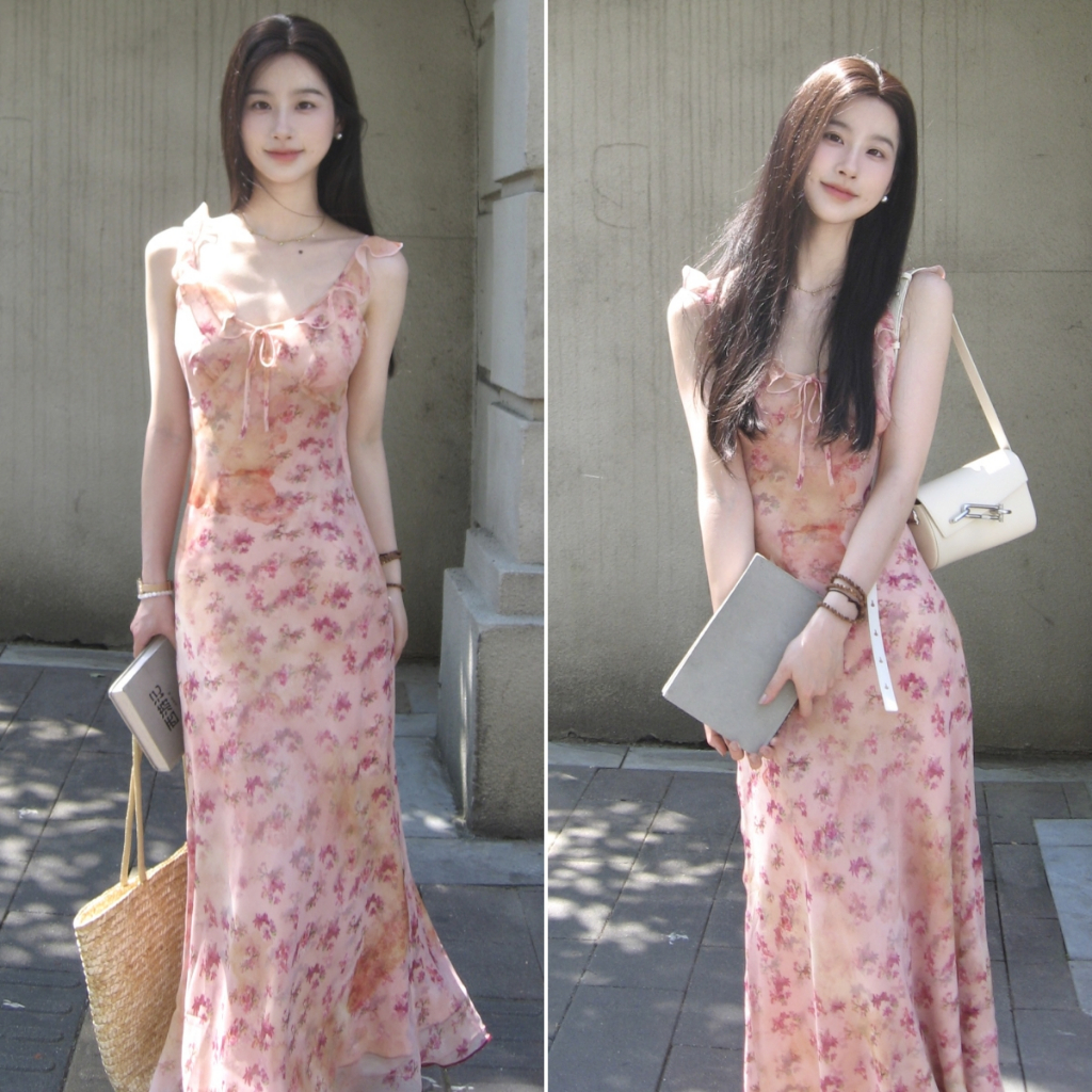 Betty house🌸พร้อมส่ง ชุดเดรสสไตล์เกาหลี กระโปรงยาวสายเดี่ยว สดชื่นรับหน้าร้อน ลายดอกไม้ แสดงรูปร่างร่างกาย