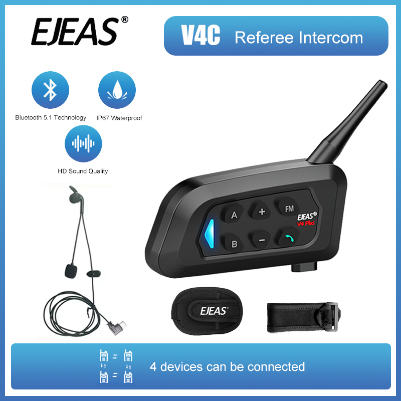 1 ชิ้น Type-C EJEAS V4C ผู้ตัดสินหมวกกันน็อคอินเตอร์คอมชุดหูฟังบลูทูธ 5.1 สําหรับ 4 คน 1500M Full Duplex Talking FM IP67