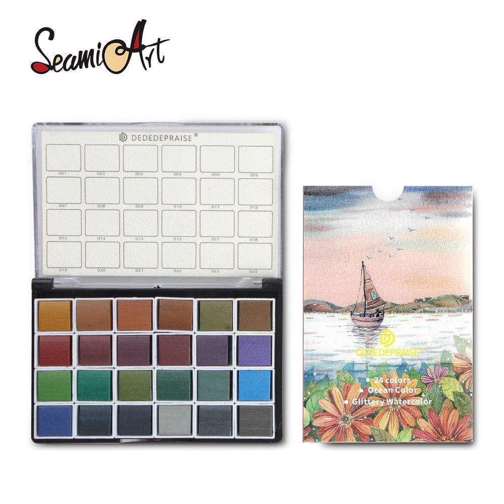 SeamiArt 24 สีเมทัลลิคชิมเมอร์มืออาชีพแบบพกพาสีน้ําชุดสําหรับนักเรียนโรงเรียน Paint Art เครื่องเขียน