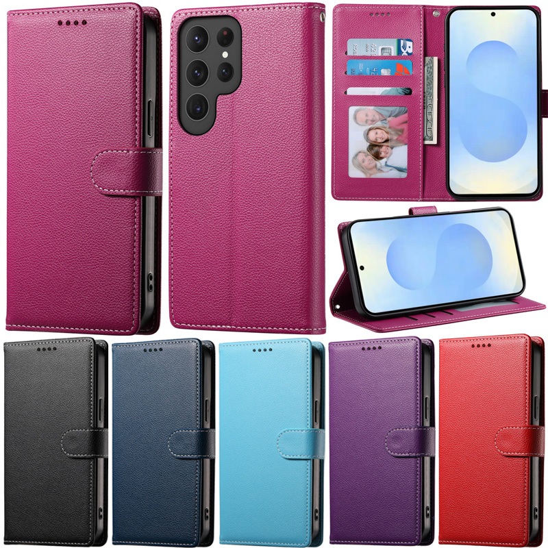 SAMSUNG หนังสือปลอกสําหรับSamsung Galaxy S25 Ultra S24 Plus S23 Ultra S25 Plus S24 Ultra S23 Plus S22 S23 FE 5G S22 Plus S21 FE Litchiกระเป๋าสตางค์หนังพลิกผิวฝาครอบกรณี
