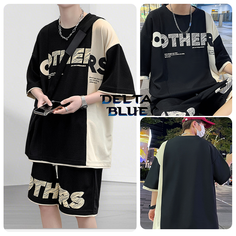 DELTA BLUE 2ชิ้นเซ [เสื้อผ้า+กางเกง] สไตล์เกาหลี 2025 เนื้อผ้านุ่มละมุน แห้งเร็ว ใส่สบายทุกเสื้อยืดแขนสั้นผู้ชายขนาดใหญ่พิเศษฤดูร้อนสตรีทสวมวาฟเฟิลเสื้อผ้านักเรียนจับคู่หล่อกีฬาลําลองหนึ่งชุด