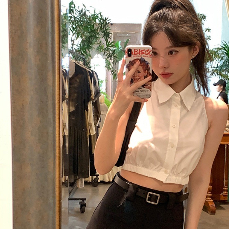 Hermarou เสื้อเชิ้ตผู้หญิง แขนกุด สีขาว ผ้าบาง ทรงสลิม แขนสั้น ใส่ทำงาน