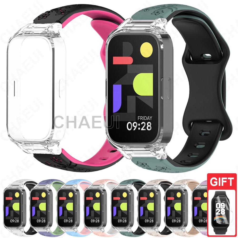 สายรัดซิลิโคนพร้อมอุปกรณ์เสริมเคสพีซีสายนาฬิกานูนสําหรับ Xiaomi Smart Band 9 Active / Redmi Smart Band 3