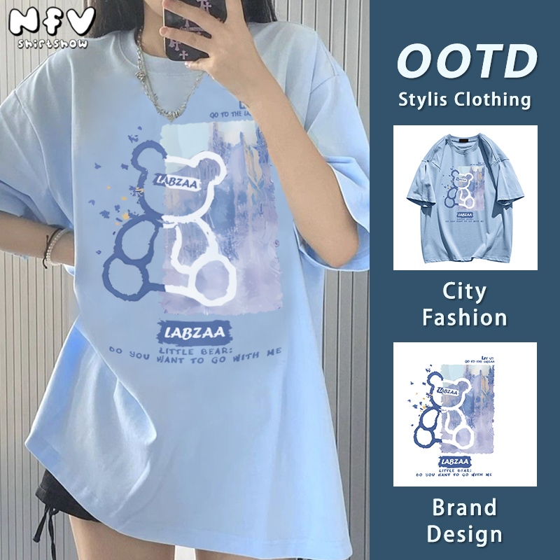 NFV ส่งจากไทย✨พร้อมส่ง เสื้อยืดคอกลม ผ้าฝ้าย แขนสั้น โอเวอร์ไซซ์ ใส่สบาย ลวดลายหมีน้อย ผ้าคอตตอน YG1112