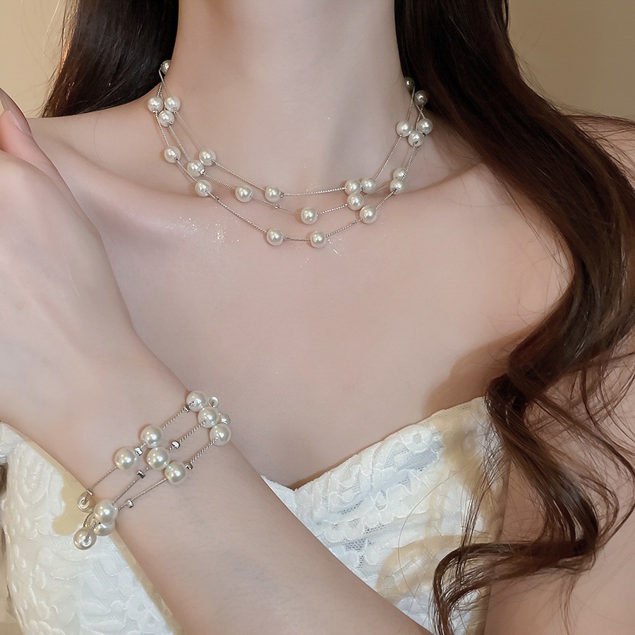 [จูวบิวตี้]ชุดสร้อยคอมุกหลายชั้นไม่สม่ําเสมอแฟชั่นฝรั่งเศสระดับไฮเอนด์แสงหรูหราสร้อยคอตกแต่งสําหรับผู้หญิง