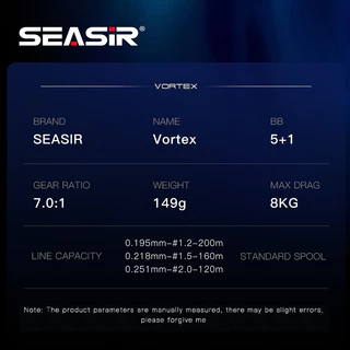 Seasir Vortex Baitcasting ตกปลา Reel 7.0:1 อัตราทดเกียร์ความเร็วสูง 5 + 1BB ลากสูงสุด 8 กก.ตกปลาน้ําเค็มสด Coil